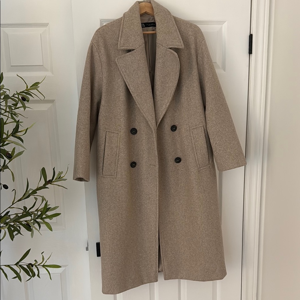 Zara Beige Double-Breasted Wool Trench Coat